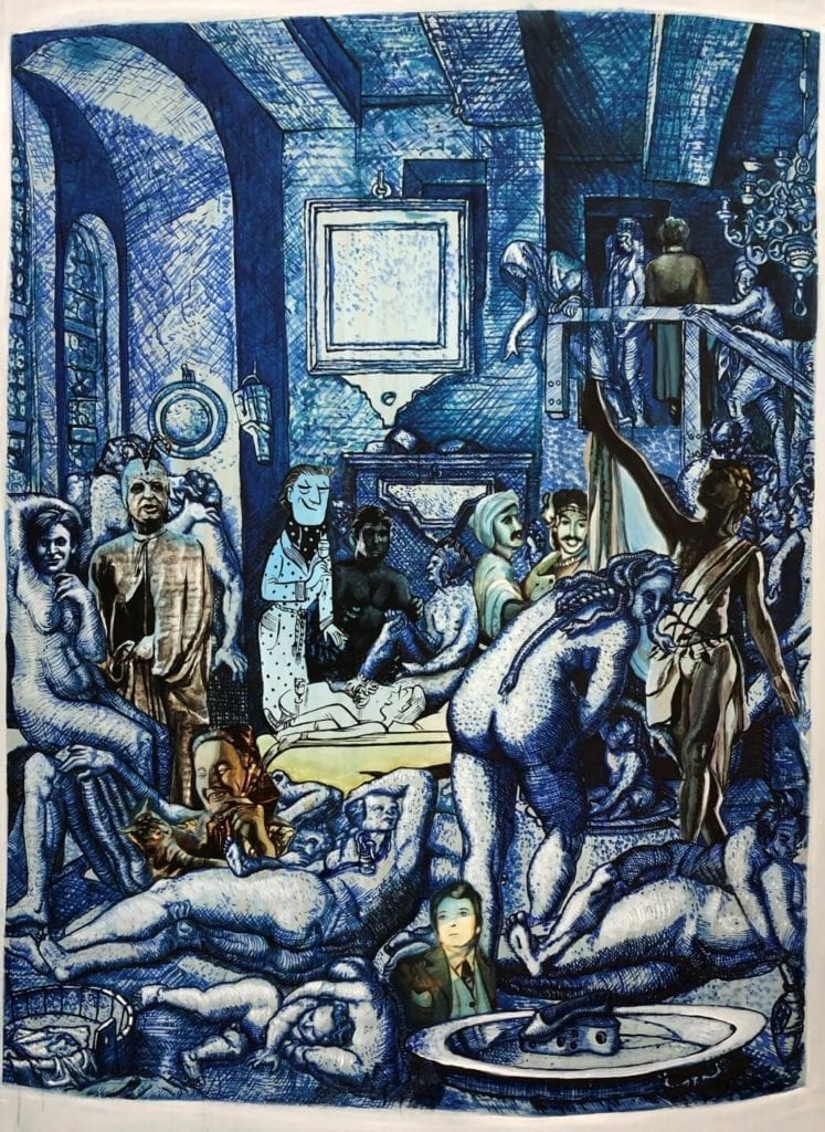 Mikolaj Sobczak , New Kingdom Orgy, 2019, akryl na płótnie, 196x140 cm, dzięki uprzejmości artysty i Polana Institute