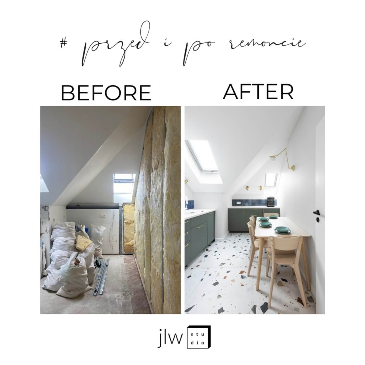 Przemiana poddasza na Ursynowie: 90-metrowe mieszkanie zamieniło się w gabinety psychoterapeutyczne - projekt JLW Studio - before & after