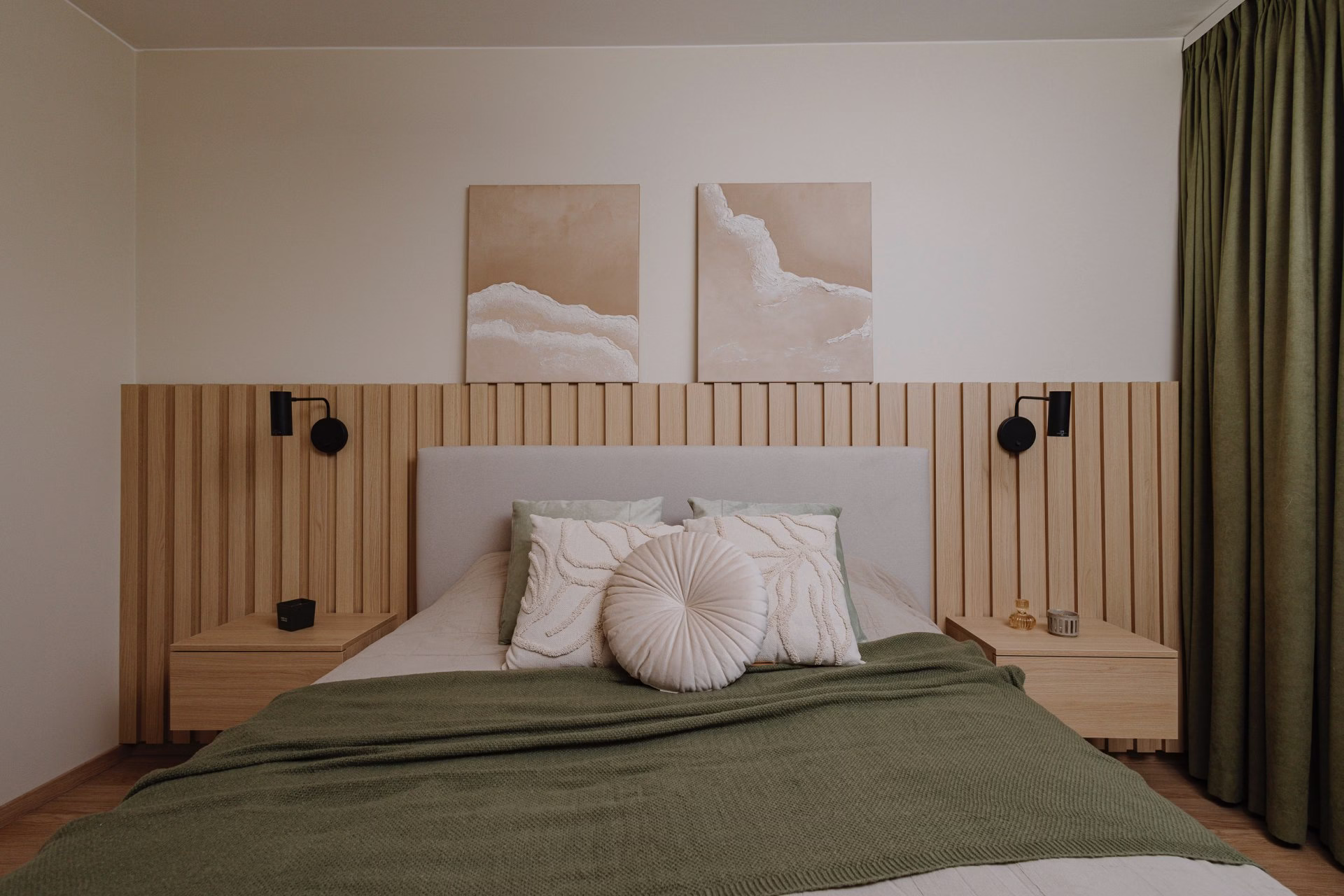 Scandinavian-style bedroom, green curtains, wooden slats, minimalist lighting.