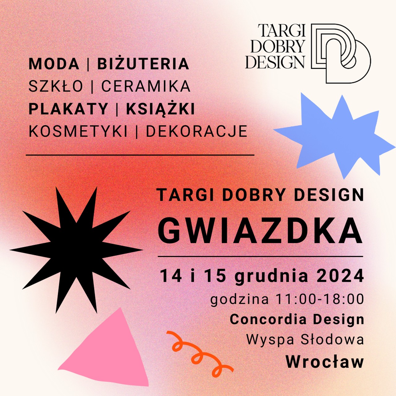 Plakat promujący Targi Dobry Design z kolorowymi wzorami i informacjami o wydarzeniu.