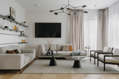 Nowoczesny salon z designerską sofą i minimalistycznymi półkami.
