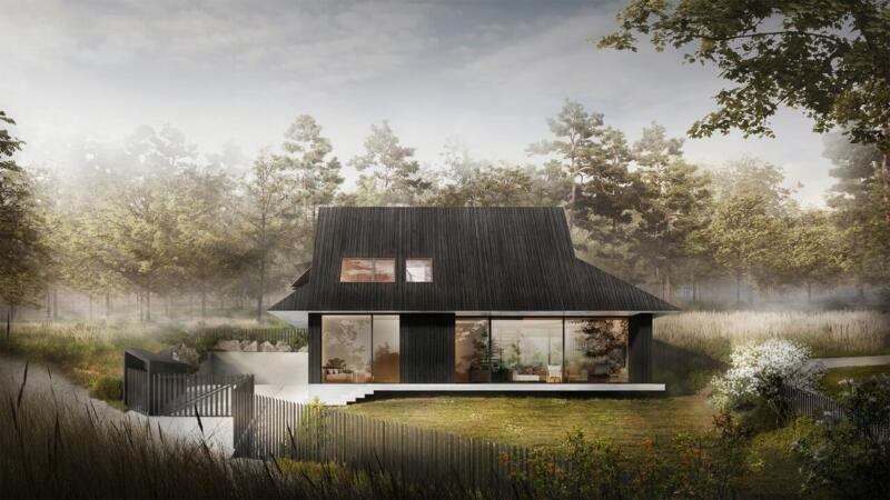 Nowoczesny dom w lesie, minimalistyczna architektura.