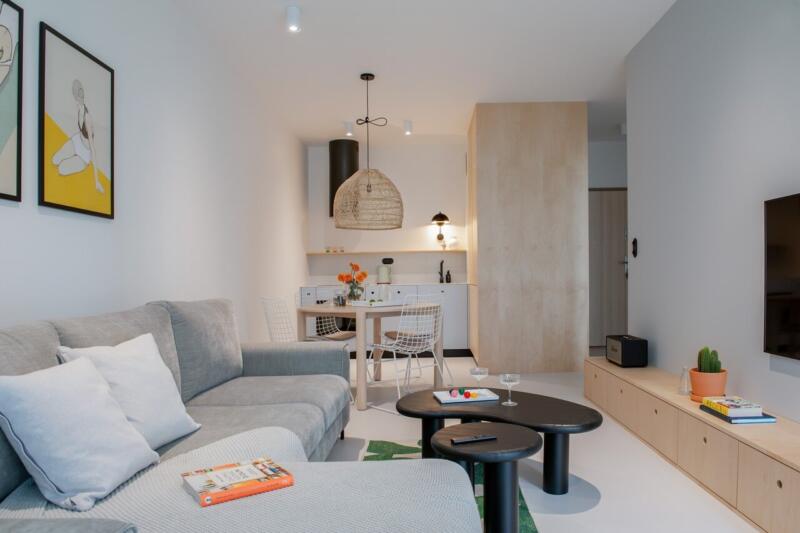 Elegancki salon z aneksem, nowoczesny design i przytulne detale.