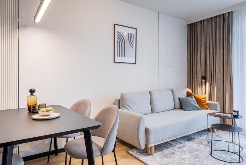 Nowoczesny salon z sofą, geometryczne detale i przytulny klimat. W sam raz do relaksu.