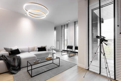 Nowoczesny salon z designerską kanapą i minimalistycznym oświetleniem.