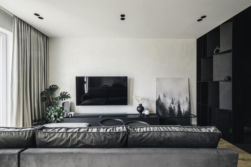 Minimalistyczny salon z nowoczesnym telewizorem i eleganckimi dodatkami.
