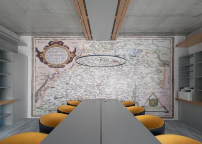 Stół konferencyjny z mapą w tle, elegancja i funkcjonalność.