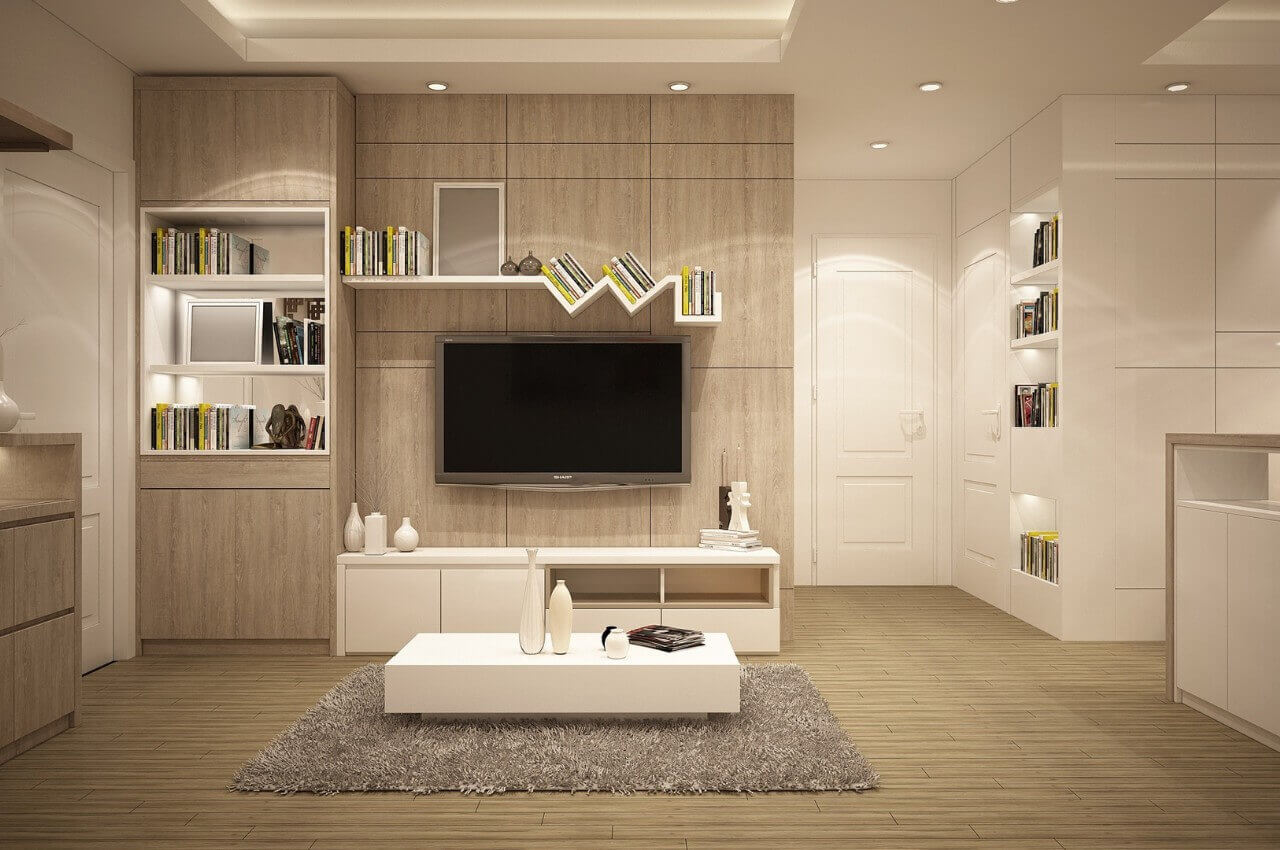 Nowoczesny salon z drewnianymi akcentami i designerskimi półkami.