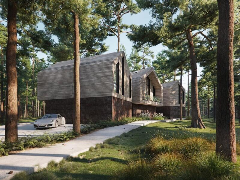 Nowoczesna rezydencja w lesie z drewnianą architekturą.