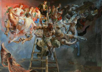 Malownicza scena przedstawiająca wizję mitologicznej uczty.