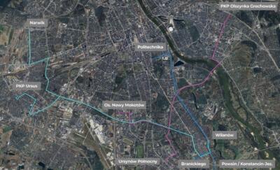 Mapa architektoniczna z trasami kolejowymi Warszawy.