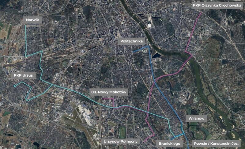Mapa architektoniczna z trasami kolejowymi Warszawy.
