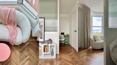 1. Przytulna biała sofa z różowym kocem w kąciku relaksu.2. Minimalistyczne biuro domowe z kotem na designerskiej półce.3. Jasny pokój z dużymi oknami i nowoczesnym fotelem.
