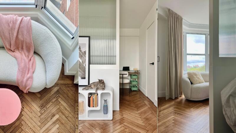 1. Przytulna biała sofa z różowym kocem w kąciku relaksu.
2. Minimalistyczne biuro domowe z kotem na designerskiej półce.
3. Jasny pokój z dużymi oknami i nowoczesnym fotelem.
