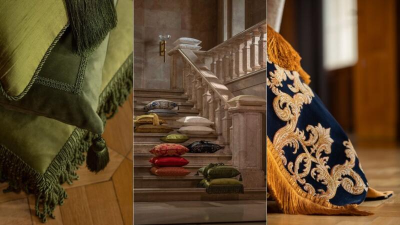 1. Zielona poduszka z frędzlami, elegancki akcent wnętrza.
2. Kolorowe poduszki na schodach, luksusowa dekoracja.
3. Granatowy wzorzysty materiał z haftem, stylowe detale.