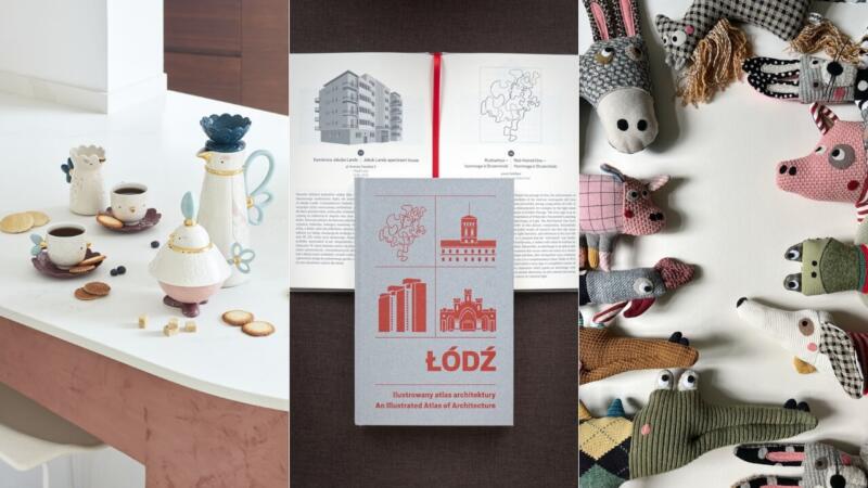 1. **Urocza zastawa na białym blacie, idealna na kawowe chwile.**2. **Ilustrowany atlas Łodzi, architektura w książce.**3. **Kolorowe zabawki zwierzątka, ręcznie robione cudeńka.**