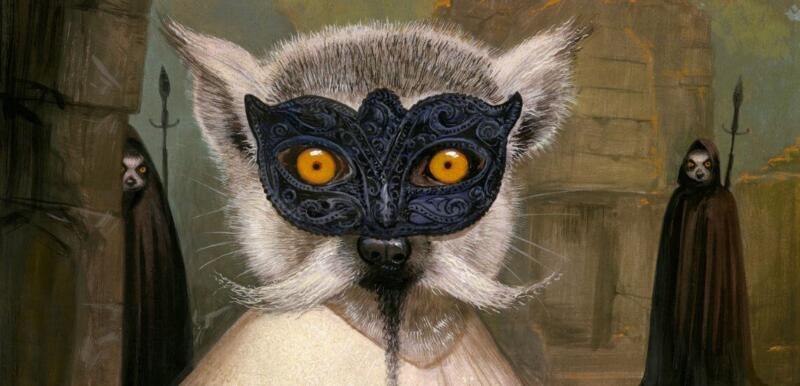 Tajemniczy lemur w ozdobnej masce, w tle gotycka architektura.