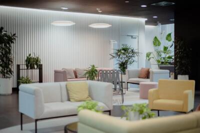 Nowoczesne wnętrze z designerskimi sofami i zielenią.