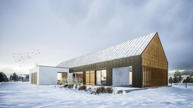 Nowoczesny dom w zimowym krajobrazie, minimalistyczna architektura.
