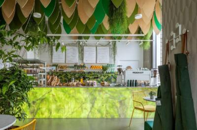 Zielone wnętrza bistro Wiele Dobrego projektu Five Cell