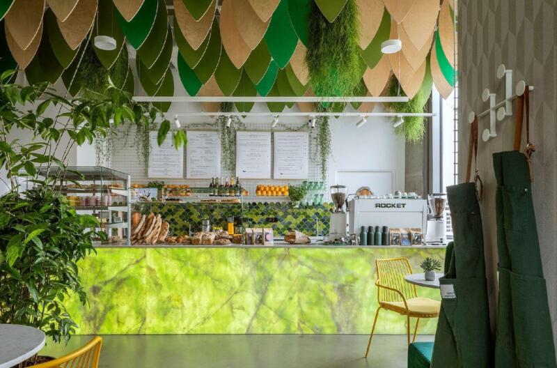Zielone wnętrza bistro Wiele Dobrego projektu Five Cell