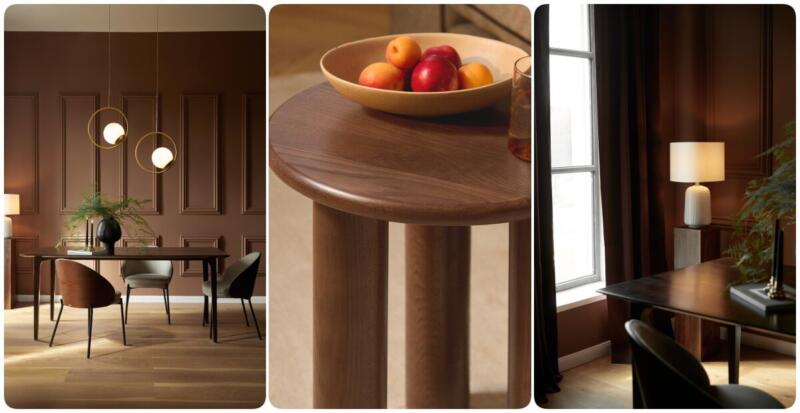 1. Elegancki jadalnia z brązowymi panelami i designerskimi lampami.
2. Drewniany stół z owocami tworzy przytulny klimat wnętrza.
3. Nowoczesny gabinet z lampą stołową i ciemnymi zasłonami.