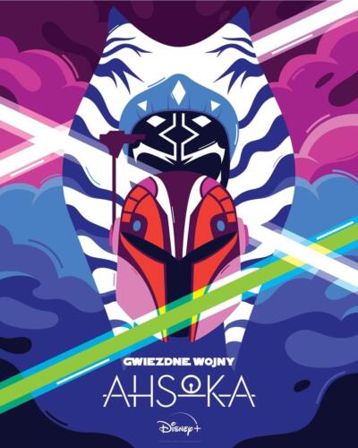 Fantazyjny plakat z motywem sci-fi, dynamiczne kolory.