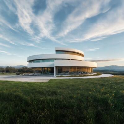 Nowoczesna architektura z zaokrąglonymi liniami w krajobrazie.