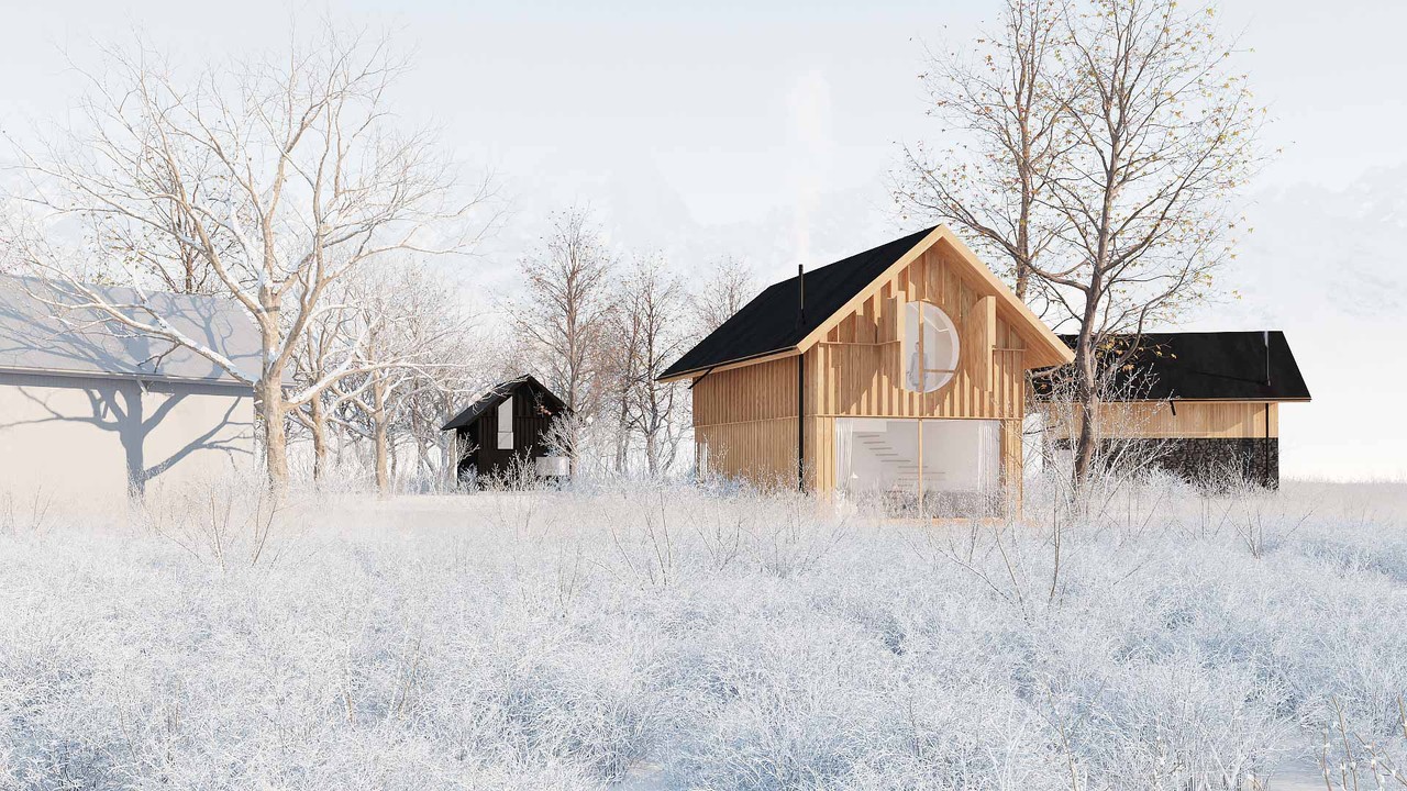 Drewniane domy w zimowym krajobrazie, minimalistyczna architektura.