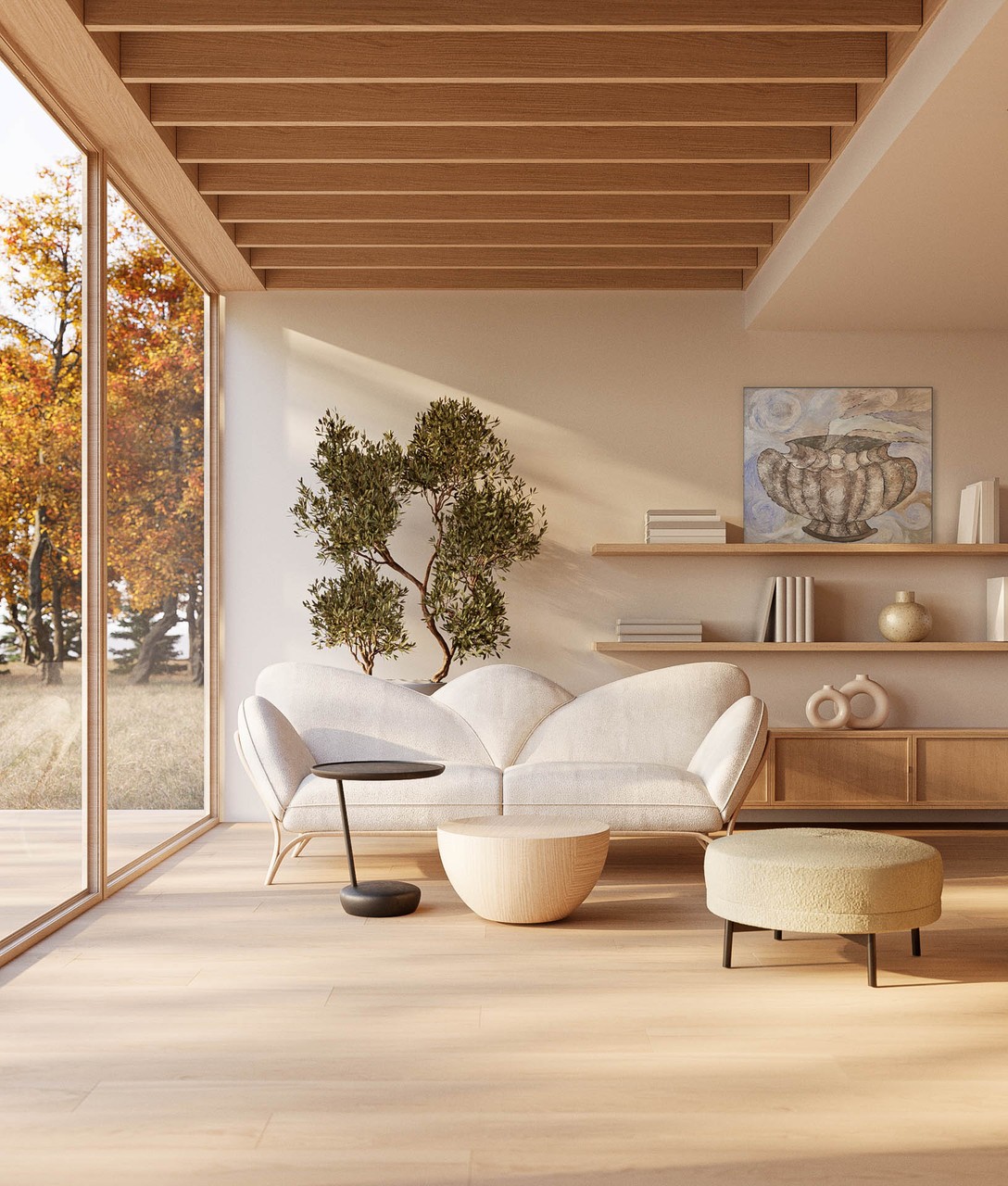Nowoczesny salon z jasnym sofa, minimalistyczne dekoracje.