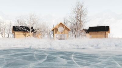 Drewniane domy w zimowej scenerii, architektura w naturze.