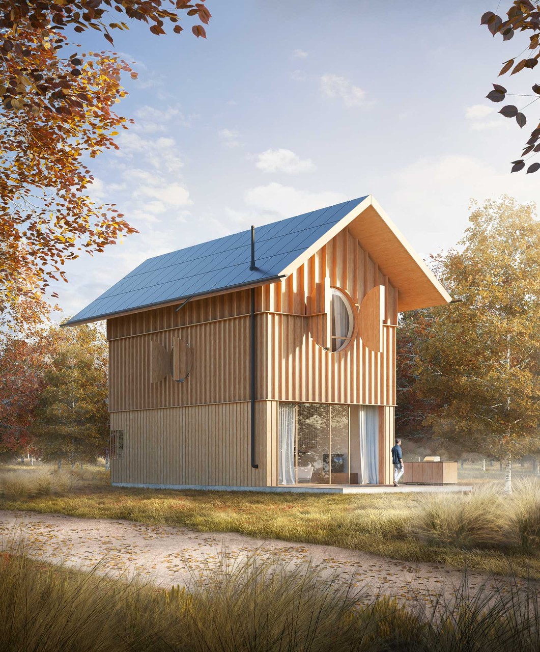 Drewniany dom w jesiennym otoczeniu, nowoczesna architektura.