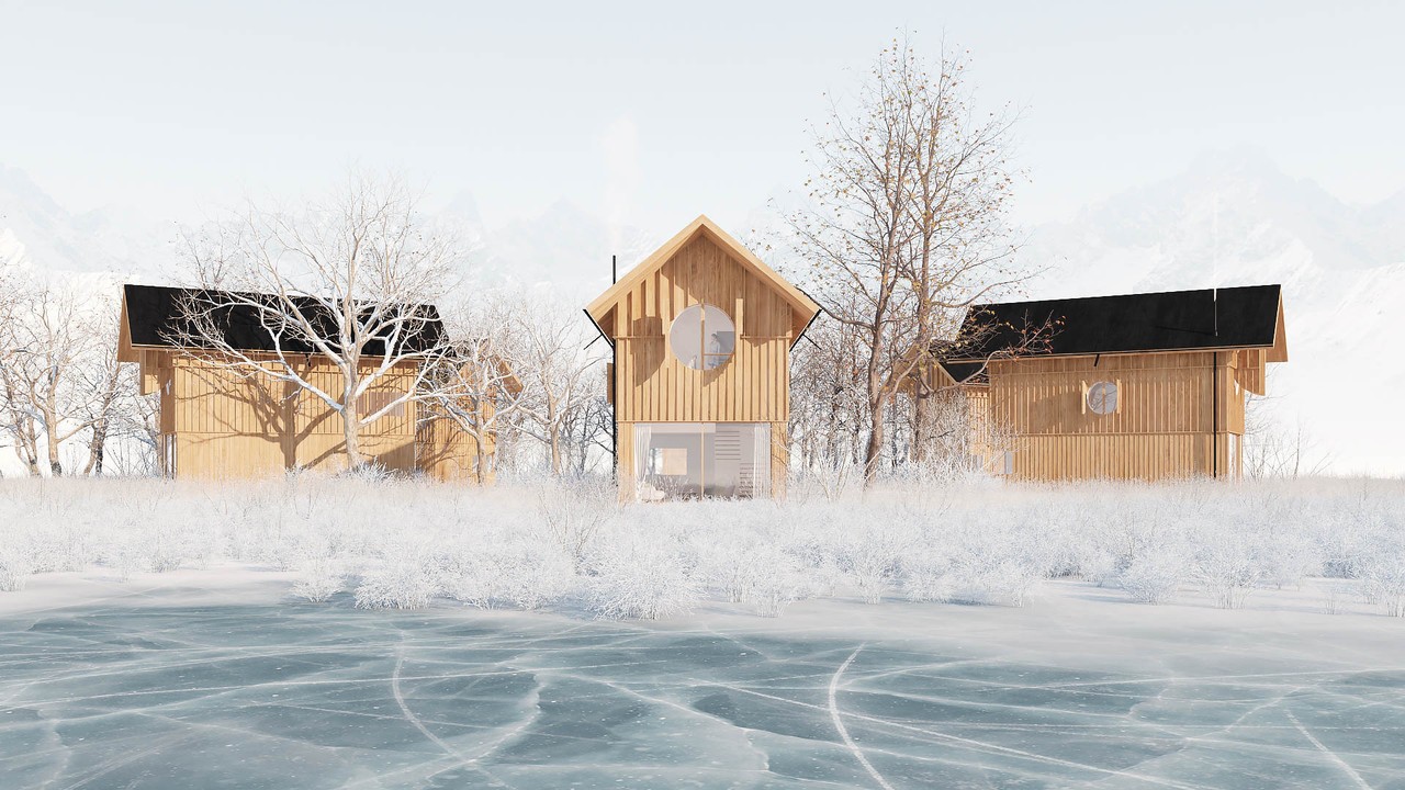 Drewniane domy w zimowym krajobrazie, nowoczesna architektura.