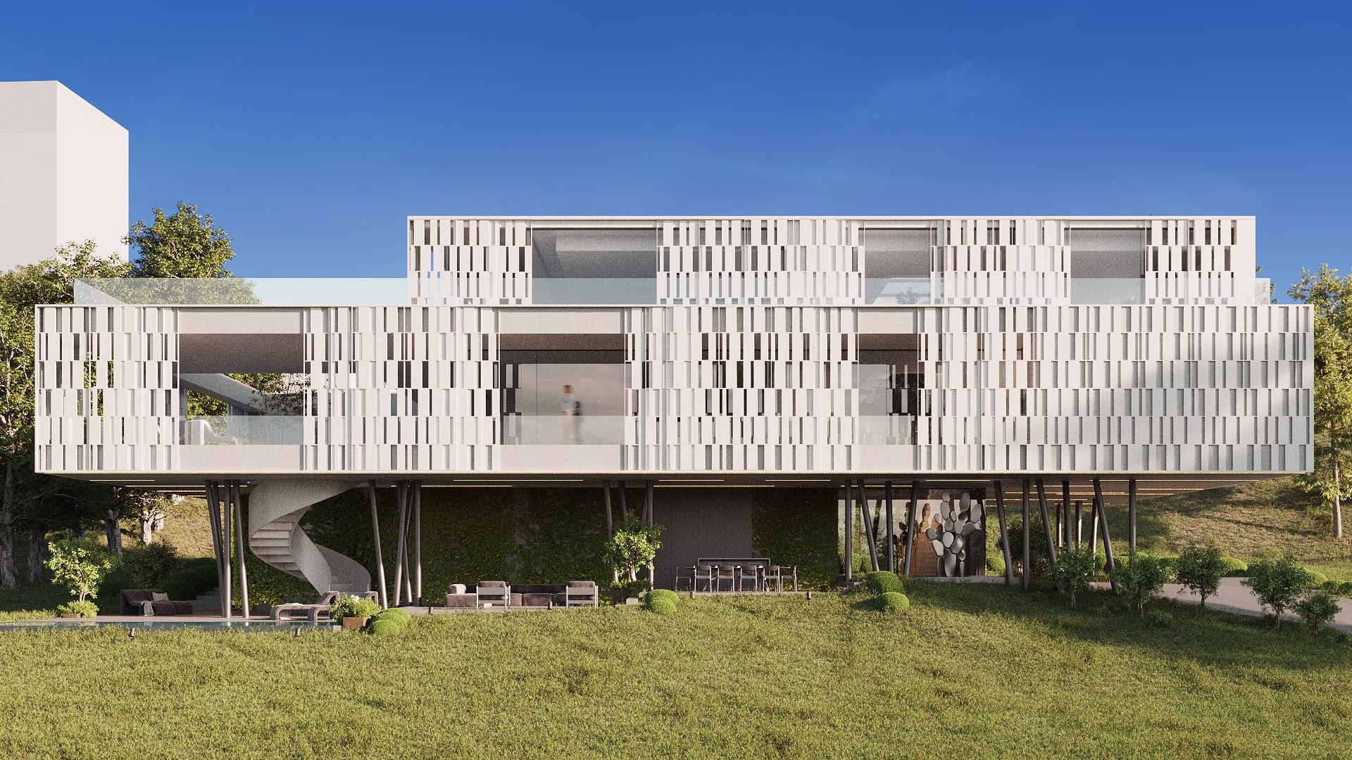 Nowoczesny budynek z geometryczną elewacją, spiralnymi schodami, otoczenie zieleni.