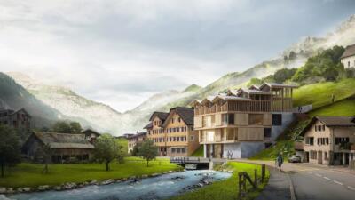 Nowoczesna architektura w górskim krajobrazie, nad urokliwym potokiem.