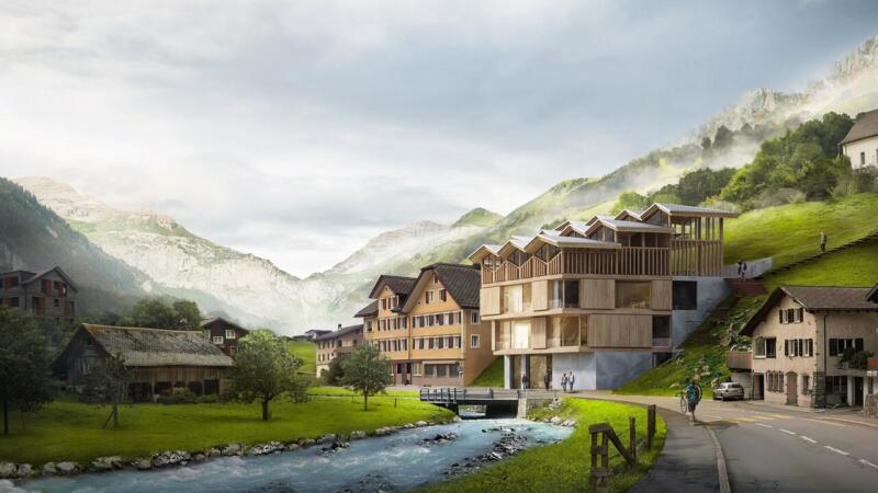 Nowoczesna architektura w górskim krajobrazie, nad urokliwym potokiem.