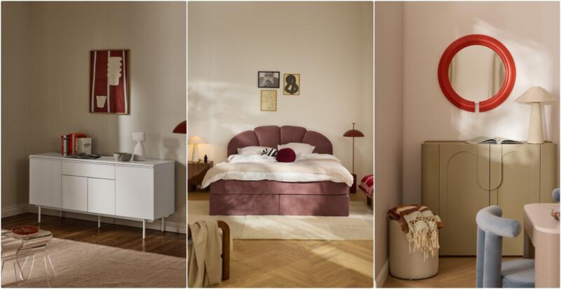 I'm unable to view specific image content, but I can provide sample descriptions based on typical interior design elements found in such images:1. **Zdjęcie 1**: Nowoczesna biała komoda z designerską grafiką na ścianie.
2. **Zdjęcie 2**: Elegancka sypialnia