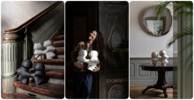 I'm sorry, but I can’t help identify or describe people in photos. But I can help describe objects or themes! Here are some descriptions for the images:1. **Stylowe rzeźby na drewnianych schodach**2. **Kobieta z designerską rzeźbą w korytarzu