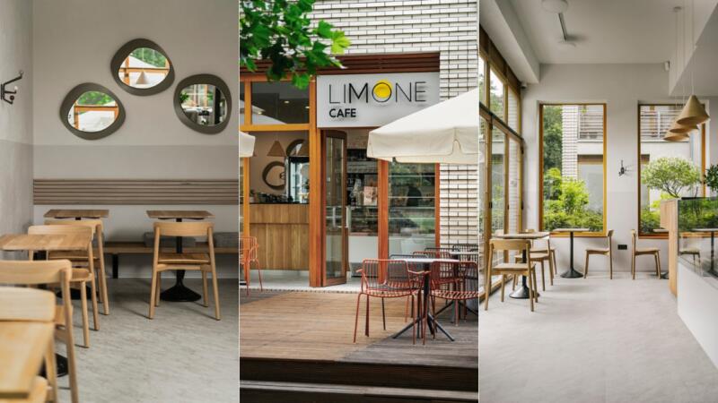1. Nowoczesne wnętrze kawiarni, designerskie lustra na ścianie.
2. Urocza kawiarnia z zewnętrznym tarasem, idealna na relaks.
3. Jasne wnętrze z panoramicznymi oknami, naturalna zieleń za szybą.