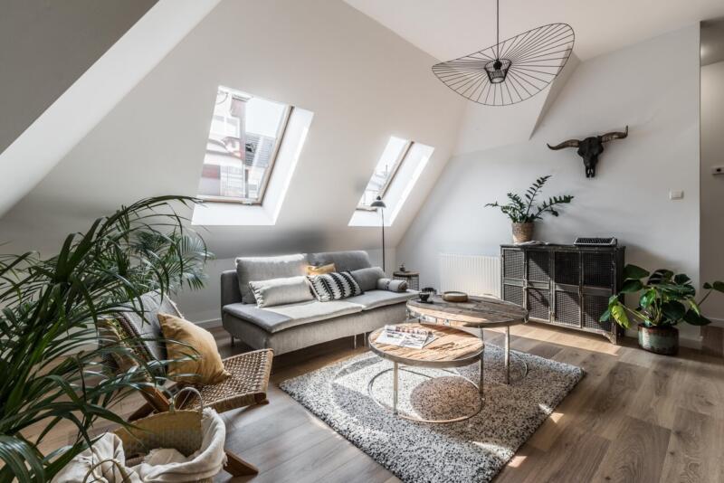 Poddasze z wygodną sofą, roślinami i designerską lampą.