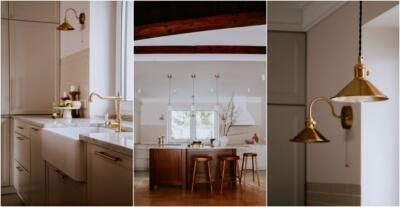 1. Kuchnia z eleganckim złotym oświetleniem2. Jasna kuchnia z drewnianą wyspą i złotymi detalami3. Stylowa lampa ścienna w odcieniu złota