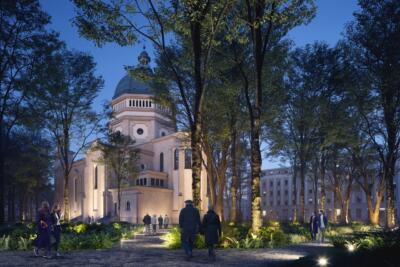 Kościół w parku oświetlony na wieczornym spacerze, architektura.