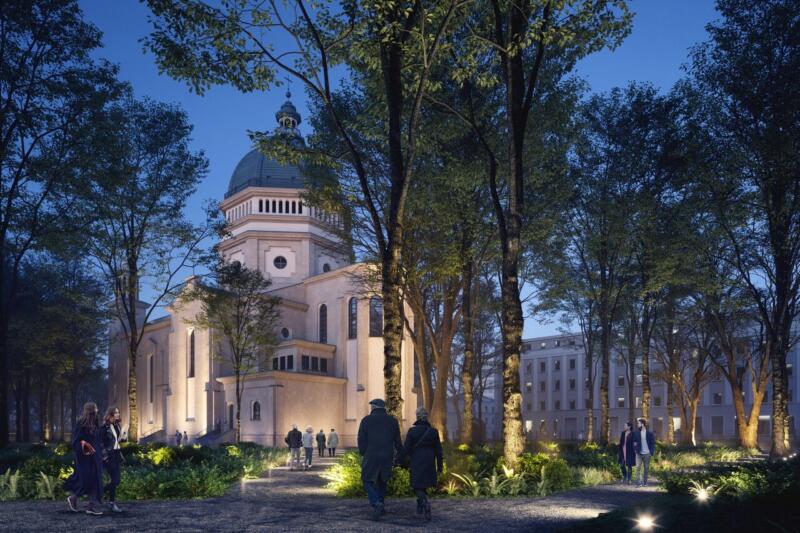 Kościół w parku oświetlony na wieczornym spacerze, architektura.