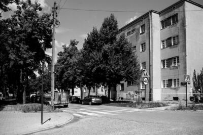 Uliczny krajobraz z architekturą miejską i zielenią na osiedlu.