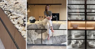 1. Marmurowy blat kuchenny pełen elegancji.2. Nowoczesna kuchnia z efektownym wykończeniem.3. Stylowe szklane witryny z porcelaną.