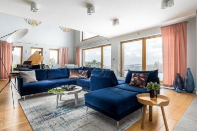 Przestronny salon z granatową sofą i wielkimi oknami.