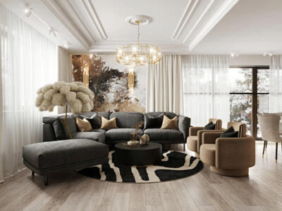 Nowoczesny salon z elegancką sofą i luksusowym żyrandolem.