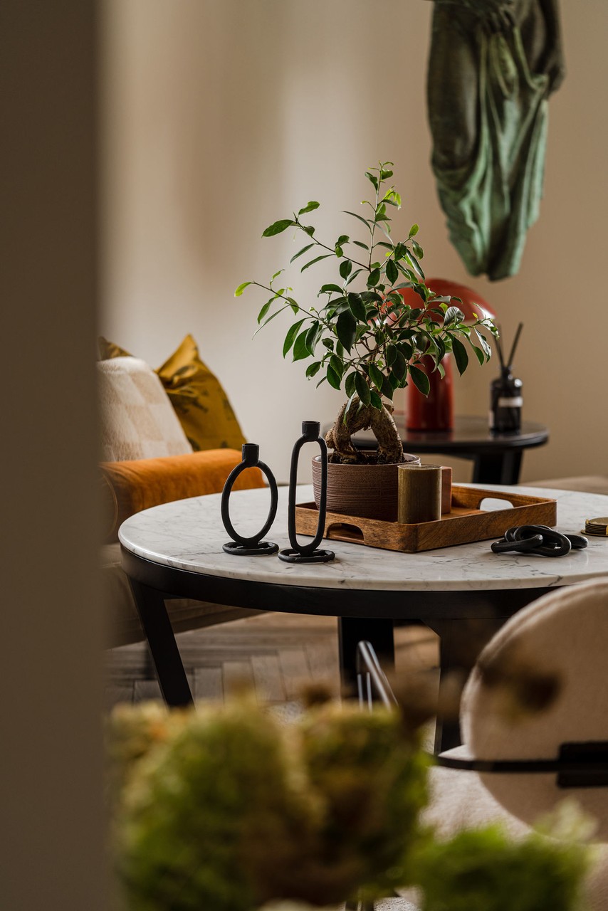 Stylowy salon z okrągłym stolikiem i rośliną na bieżniku.