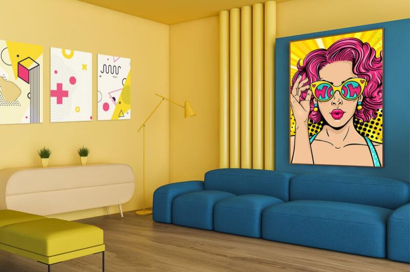 Nowoczesny salon w stylu pop-art z żywymi grafikami na ścianach.