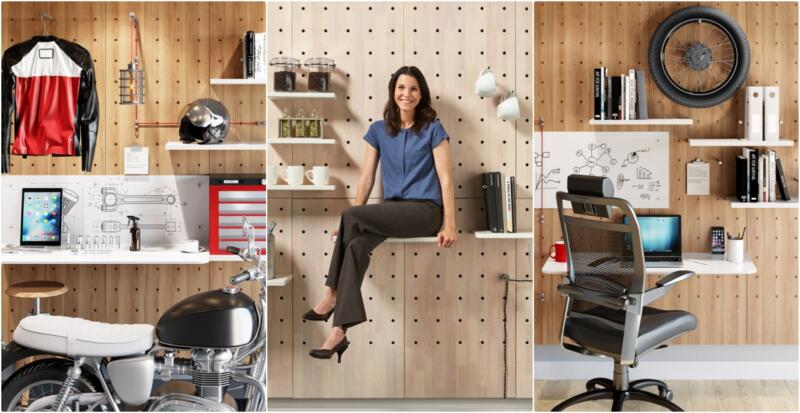 1. Motocyklowa elegancja w designerskim wnętrzu.
2. Nowoczesne biuro z kreatywną ścianą panelową.
3. Stylowa aranżacja z półkami i dodatkami.